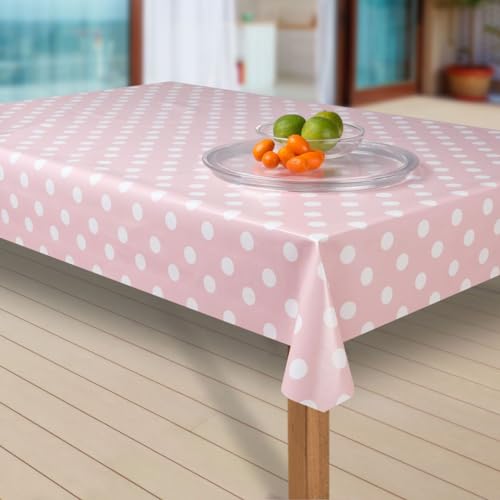 laro Wachstuch-Tischdecke Abwaschbar Garten-Tischdecke Wachstischdecke PVC Plastik-Tischdecken Eckig Meterware Wasserabweisend Abwischbar G03, Muster:Punkte rosa-Weiss, Größe:100x260 von laro