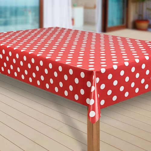 laro Wachstuch-Tischdecke Abwaschbar Garten-Tischdecke Wachstischdecke PVC Plastik-Tischdecken Eckig Meterware Wasserabweisend Abwischbar G07, Muster:Punkte rot, Größe:118x220 cm von laro