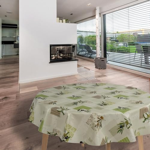 laro Wachstuch-Tischdecke Abwaschbar Garten-Tischdecke Wachstischdecke PVC Plastik-Tischdecken Eckig Meterware Wasserabweisend Abwischbar GAC, Muster:Grün Olive, Größe:140cm Rund von laro