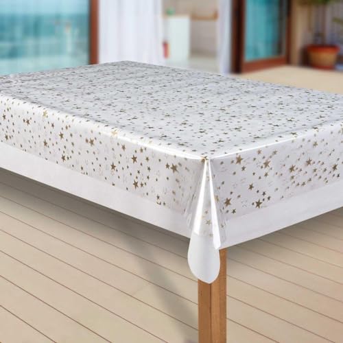 laro Wachstuch-Tischdecke Sterne Weihnachten Weihnachts-Motive PVC Wachstischdecke Eckig Meterware Wasserabweisend Abwischbar 1086, Muster:Transparent Sterne Gold, Größe:130x130 cm von laro