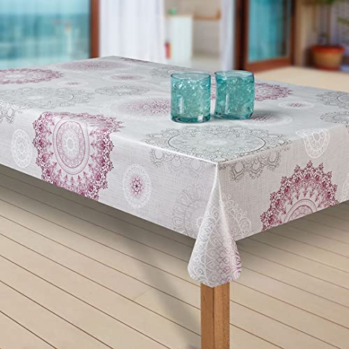 laro Wachstuch-Tischdecke Abwaschbar Garten-Tischdecke Wachstischdecke PVC Plastik-Tischdecken Eckig Meterware Wasserabweisend Abwischbar, Muster:Mandala grau-rot, Größe:140x280 von laro