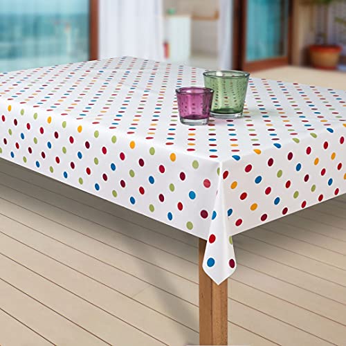 laro Wachstuch-Tischdecke Abwaschbar Garten-Tischdecke Wachstischdecke PVC Plastik-Tischdecken Eckig Meterware Wasserabweisend Abwischbar, Muster:Punkte Weiss-bunt, Größe:110x160 cm von laro
