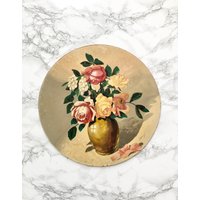 Gemälde Auf Runder Tafel, Das Einen Blumenstrauß in Einer Vase Darstellt - Signiert von lartetlesmanieres