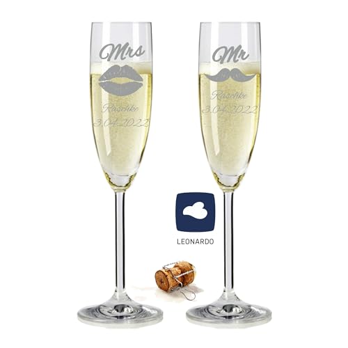 laser-diele 2 Leonardo Sektgläser mit Gravur - Geschenk zur Hochzeit - Graviert mit Namen und Datum - Sekt Mr & Mrs von laser-diele