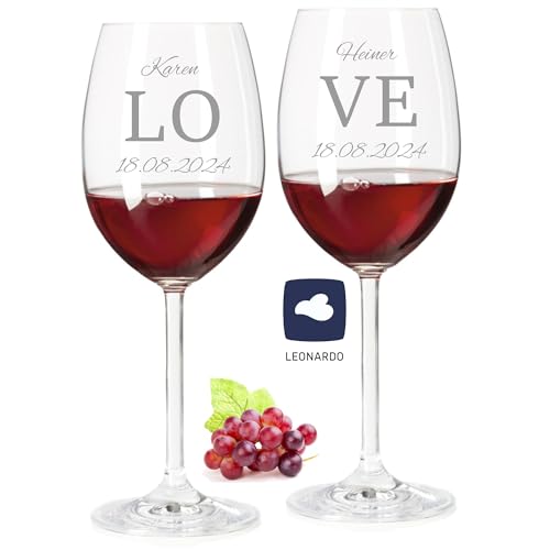 laser-diele Leonardo Weingläser mit Gravur - LOVE - Personalisiert mit Namen und Datum - Hochzeitsgeschenk für das Brautpaar - 460ml Rotwein von laser-diele