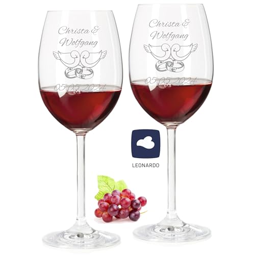 laser-diele Leonardo Weingläser mit Gravur - Tauben & Ringe - Personalisiert mit Namen und Datum - Hochzeitsgeschenk für das Brautpaar - 460ml Rotwein von laser-diele