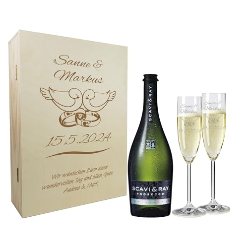 laser-diele Geschenk zur Hochzeit – Sekt Geschenksets – Sektglas mit Gravur – Geschenke für Paare – Sekt – Tauben und Ringe von laser-diele