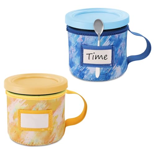 2 Stück Eiscreme-Neoprenhülle, Batikdrucke Wiederverwendbar Isolierte Hülle Abdeckung für Ninja Creami Eiscreme-Pints mit Griff Löffelhalter und Schlitz für Namensschild (16 oz, C+D-Stil) von lasuroa