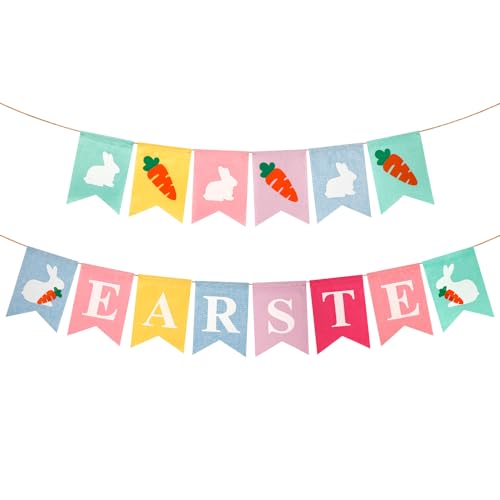 2stk Frohe Easter Banner, Vorbespannt Bunte Ostergirlande Karottenhasen-Wimpelkette Frühlings-Hängedekoration Partyzubehör für Kamin Kaminsims Wand Fenster von lasuroa