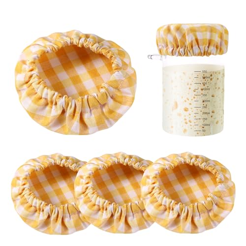 4st Stoff Deckel Gläser, Karierte Baumwolle Stoff Deckel für Marmeladengläser Elastisch Ungebleicht Wiederverwendbar Stoffabdeckung Schüssel für 7,62-10,16cm Glasmündung (Gelb) von lasuroa