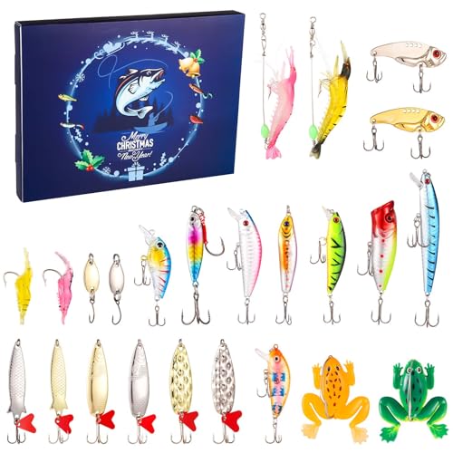 Angelköder Adventskalender, Angeln Advent Countdown Kalender 24 Tage Angeln Adventskalender 2024 Weihnachts Angelzubehör Set für Erwachsene Jugendliche Männliche und Männliche Angler von lasuroa