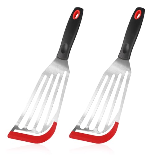Fisch Spatel Set, 2stk Fischwender Grill Spatel mit Silikonspitze für Antihaftbeschichtetes Kochgeschirr Hitzebeständiger Fischwender Edelstahl für Fisch Ei Pfannkuchen Omelett von lasuroa