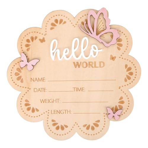 Hallo Welt Schild zur Ankündigung von Neugeborenen, Schmetterling aus Holz Schild für Neugeborene Personalisiert Baby Namensschild für Foto-Requisiten Babyparty Krankenhaus Kinderzimmer-Dekor von lasuroa