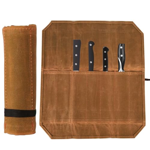 Messer Rolltasche, Tragbar Kochmesser Tasche mit 7 Fächern Segeltuch Messertasche Messer Rolletui für Zuhause Camping Picknick, Geschenk für Köche oder Kochliebhaber (Khaki) von lasuroa