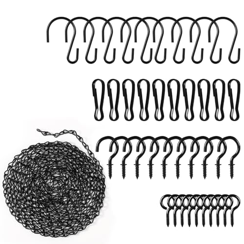 lasuroa 396cm Hängekette für Pflanzgefäße, Schwarze Metall-Hängekette mit 10 S-Haken & 10 Ösenhaken & 10 Schraubhaken & 10 Clips für Vogelhäuschen Windspiele Werbetafeln Laternen Dekorative Ornamente von lasuroa