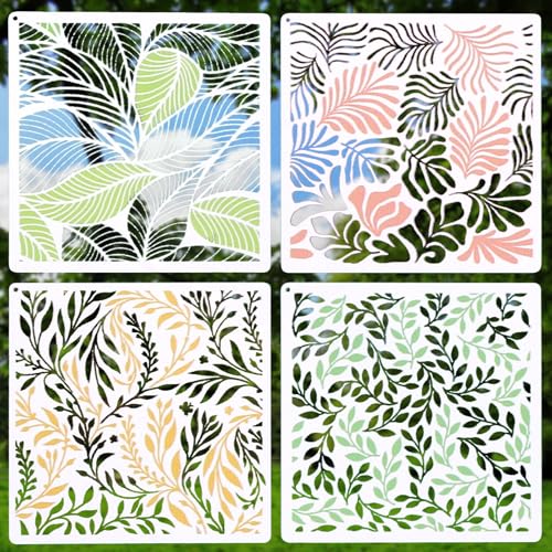 lasuroa 4stk Blatt-Schablonen zum Bemalen von Wänden, 30cm Wiederverwendbar Großes Wandschablonen-Set mit Tropischen Blatt & Botanischen Designs für DIY-Homedekor Möbel Leinwand Holz Bastelarbeiten von lasuroa