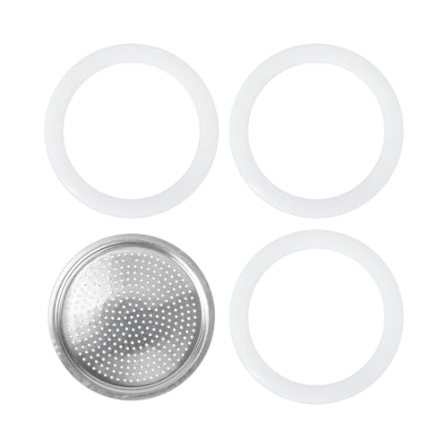 lasuroa Filter mit 3 Dichtungen, Aluminium Silberfilter Weiße Silikondichtung Ersatzteile für Kaffeemaschinentöpfe für Bialetti Dama 3 & 4 Tassen Venus Musa Kitty 4 Tassen von lasuroa