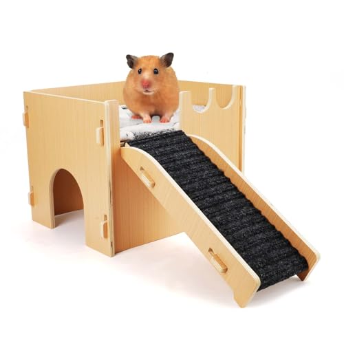 Meerschweinchen Versteck, Hölzernes Meerschweinchenhaus Schloss mit Treppen Schlafunterlage 2 Türen Belüfteter Meerschweinchen Lebensraum Großes Hamsterhaus für Kleine Haustiere von lasuroa
