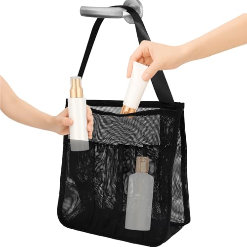 lasuroa Tragbare Duschablage, Hängende Netz-Badezimmer-Duschtasche mit Griff Großes Fassungsvermögen Reise-Essentials Fürs Studentenwohnheim für Damen und Herren (Schwarz) von lasuroa