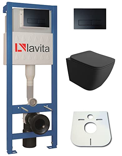 Domino Lavita Vorwandelement inkl. Drückerplatte + Wand WC LINO BLACK ohne Spülrand + WC-Sitz mit Soft-Close-Absenkautomatik (Drückerplatte RB) Toilette Komplett Sett WC von lavita