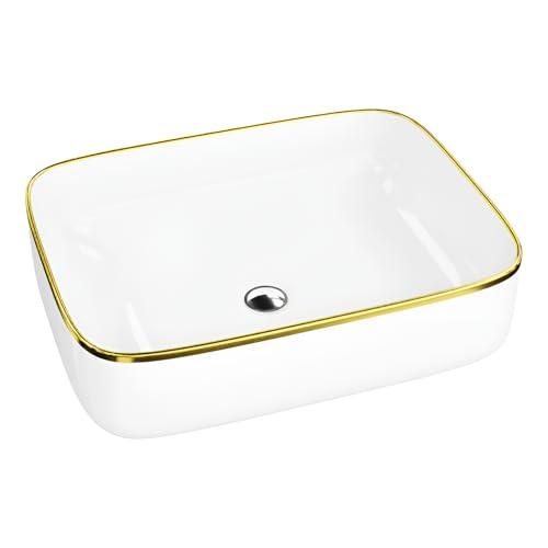 LAVITA Aufsatzwaschtisch Galera Gold Line Aufsatzwaschbecken Rechteckig Waschbecken Ohne Überlauf und Hahnloch Aus hochwertigem Porzellan Waschtisch modern Badkeramik Waschplatz 50,5x40x14cm Weiß/Gold LAVITA Aufsatzwaschtisch Galera Gold Line Aufsatzwaschbecken Rechteckig Waschbecken Ohne Überlauf und Hahnloch Aus hochwertigem Porzellan Waschtisch modern Badkeramik Waschplatz 50,5x40x14cm Weiß/Gold von lavita