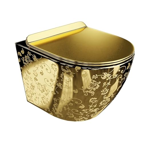 LAVITA Wand-WC Hänge Toilette mit WC-Sitz Toilettendeckel mit Absenkautomatik & Metallscharniere Spülrandlos Hängend Toilettenbecken Sofi Slim Golden Eye 365x490x395 mm Gold von lavita