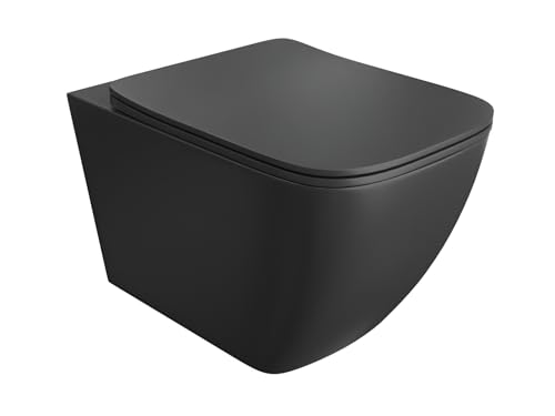 LAVITA Wand-WC Onil Black Hänge Toilette WC Sitz Toilettendeckel mit Absenkautomatik & Metallscharniere Toiletten Spülrandlos Hängend Toilettenbecken 355x510x395 mm Schwarz von lavita