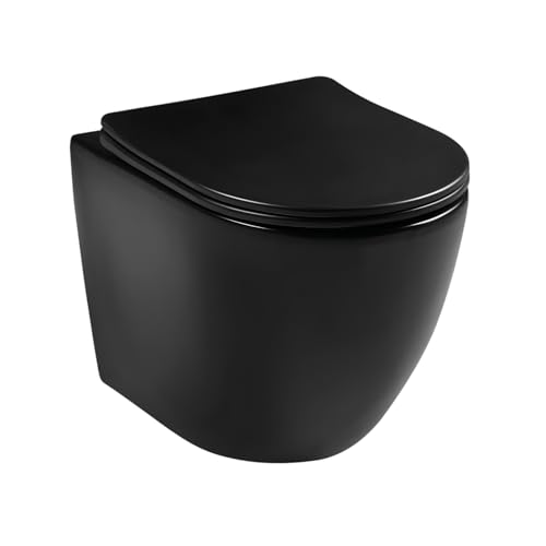 LAVITA Wand-WC Praia Black Hänge Toilett WC Sitz Toilettendeckel mit Absenkautomatik & Metallscharniere Toiletten Spülrandlos Hängend Toilettenbecken 360x480x375 mm Schwarz von lavita