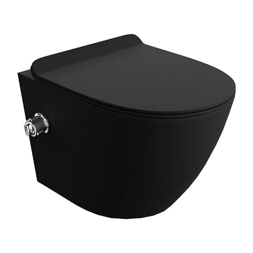 LAVITA Wand-WC Salto Black | Hänge Toilette | WC Bidet-Funktion | Toilettendeckel mit Absenkautomatik & Metallscharniere | Toiletten Spülrandlos Hängend | Toilettenbecken | 370x490x395 mm | Schwarz von lavita