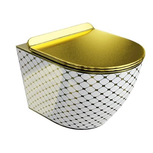 LAVITA Wand-WC Sofi Slim Checked Gold Hänge Toilette WC Sitz Colordeckel mit Absenkautomatik & Metallscharniere Color Spülrandlos Hängend Colorbecken 365x490x395 mm Gold/Weiß von lavita
