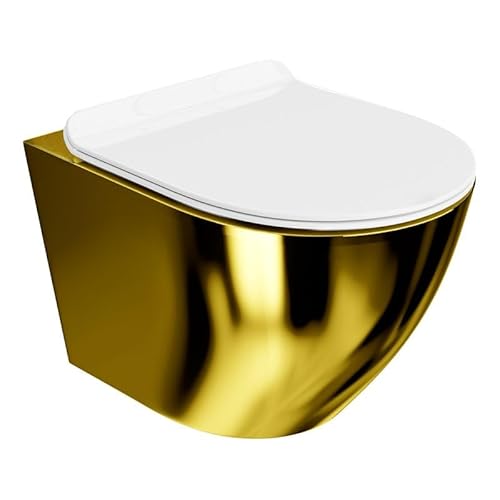 LAVITA Wand-WC Sofi Slim Gold/White | Hänge Toilette | Toilettendeckel mit Absenkautomatik & Metallscharniere | Toiletten Spülrandlos Hängend | Toilettenbecken | 365x490x395 mm | Weiß/Gold von lavita