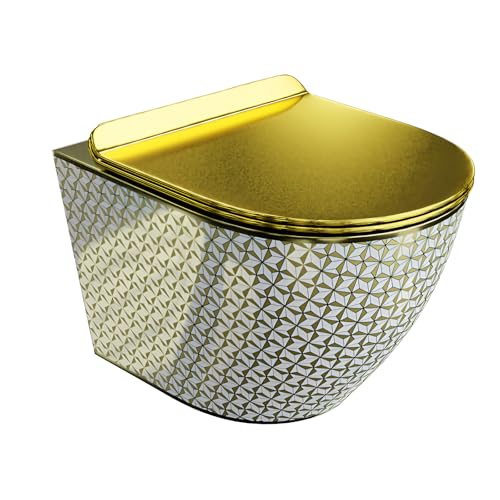 LAVITA Wand-WC Sofi Slim Golden Never Die Hänge Toilette WC Sitz Colordeckel mit Absenkautomatik & Metallscharniere Color Spülrandlos Hängend Colorbecken 365x490x395 mm Gold/Weiß von lavita