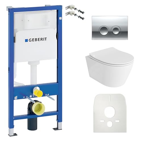 Lavita Duofix Basic Vorwandelement + Wand Tiefspül WC Praia Weiß Spülrandlos + WC Sitz + Bedienplatte Delta 25 Verchromt Knop| Komplettset Unterputz Spülkasten Toilette Komplett Sett WC von lavita
