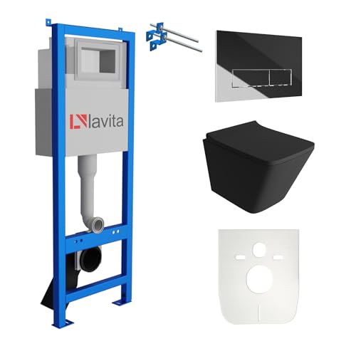 Lavita LAV 101 Vorwandelement für WC 40cm + Wand Hänge Tiefspül WC LAGO Schwarz Spülrandlos + Bedienplatte LAV 200.3.2 Verchromt + WC Sitz mit Absenkautomatik Komplettset Unterputz Spülkasten WC von lavita