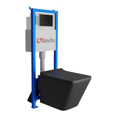 Lavita LAV 101 Vorwandelement für WC 40cm + Wand Hänge Tiefspül WC LAGO Schwarz Spülrandlos + Bedienplatte LAV 200.3.4 Schwarz + WC Sitz mit Absenkautomatik Komplettset Unterputz Spülkasten WC von lavita