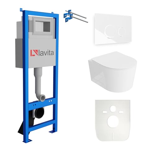 Lavita LAV 101 Vorwandelement für WC 40cm + Wand Hänge Tiefspül WC LOSO Weiß Spülrandlos + Bedienplatte LAV 200.4.1 Weiß + WC Sitz mit Absenkautomatik Komplettset Unterputz Spülkasten WC von lavita