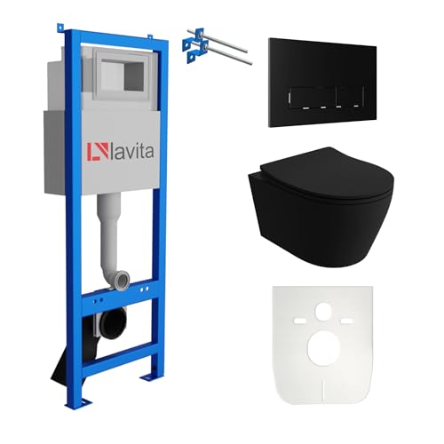 Lavita LAV 101 Vorwandelement für WC 40cm + Wand Hänge Tiefspül WC PRAIA Schwarz Spülrandlos + Bedienplatte LAV 200.3.4 Schwarz | Komplettset | Unterputz Spülkasten | Toilette Komplett Sett von lavita
