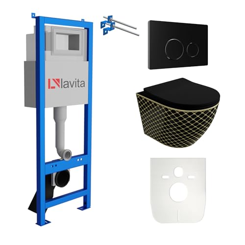 Lavita LAV 101 Vorwandelement für WC 40cm + Wand Hänge Tiefspül WC SOFI SLIM BLACK NIGHT Spülrandlos + Bedienplatte LAV 200.4.4 Schwarz | Komplettset | Unterputz Spülkasten | Toilette Komplett Sett von lavita