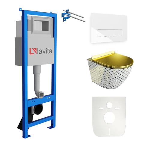 Lavita LAV 101 Vorwandelement für WC 40cm + Wand Hänge Tiefspül WC SOFI SLIM CHECKED GOLD Spülrandlos + Bedienplatte LAV 200.3.1 Weiß | Komplettset | Unterputz Spülkasten | Toilette Komplett Sett Lavita LAV 101 Vorwandelement für WC 40cm + Wand Hänge Tiefspül WC SOFI SLIM CHECKED GOLD Spülrandlos + Bedienplatte LAV 200.3.1 Weiß | Komplettset | Unterputz Spülkasten | Toilette Komplett Sett von lavita
