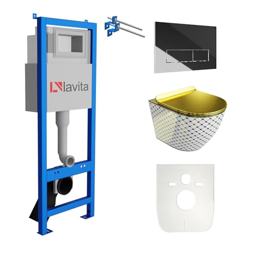 Lavita LAV 101 Vorwandelement für WC 40cm + Wand Hänge Tiefspül WC SOFI SLIM CHECKED GOLD Spülrandlos + Bedienplatte LAV 200.3.2 Verchromt | Komplettset | Unterputz Spülkasten | Toilette Komplett Sett Lavita LAV 101 Vorwandelement für WC 40cm + Wand Hänge Tiefspül WC SOFI SLIM CHECKED GOLD Spülrandlos + Bedienplatte LAV 200.3.2 Verchromt | Komplettset | Unterputz Spülkasten | Toilette Komplett Sett von lavita