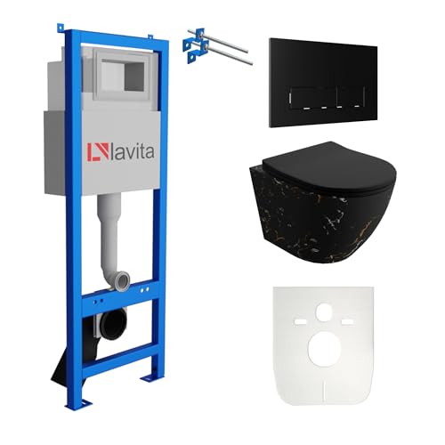 Lavita LAV 101 Vorwandelement für WC 40cm + Wand Hänge Tiefspül WC SOFI SLIM FIRE Schwarz Spülrandlos + Bedienplatte LAV 200.3.4 Schwarz | Komplettset | Unterputz Spülkasten | Toilette Komplett Sett von lavita