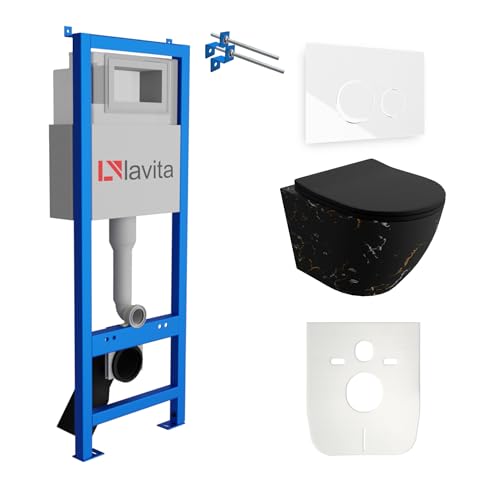 Lavita LAV 101 Vorwandelement für WC 40cm + Wand Hänge Tiefspül WC SOFI SLIM FIRE Schwarz Spülrandlos + Bedienplatte LAV 200.4.1 Weiß | Komplettset | Unterputz Spülkasten | Toilette Komplett Sett von lavita