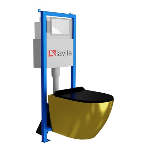 Lavita LAV 101 Vorwandelement für WC 40cm + Wand Hänge Tiefspül WC SOFI SLIM GOLD/BLACK Spülrandlos + Bedienplatte LAV 200.4.1 Weiß | Komplettset | Unterputz Spülkasten | Toilette Komplett Sett von lavita