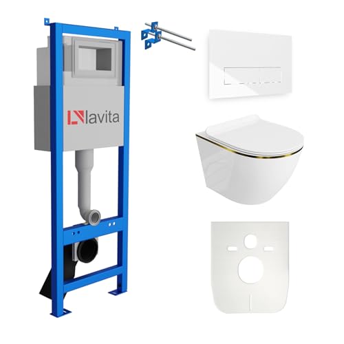 Lavita LAV 101 Vorwandelement für WC 40cm + Wand Hänge Tiefspül WC SOFI SLIM GOLD LINE Spülrandlos + Bedienplatte LAV 200.3.1 Weiß + WC Sitz mit Absenkautomatik Komplettset Unterputz Spülkasten WC von lavita