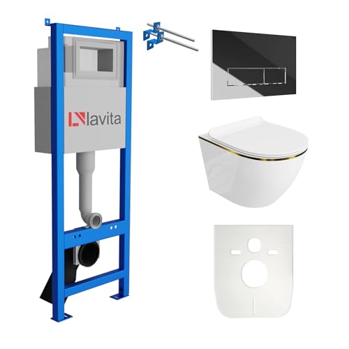 Lavita LAV 101 Vorwandelement für WC 40cm + Wand Hänge Tiefspül WC SOFI SLIM GOLD LINE Spülrandlos + Bedienplatte LAV 200.3.2 Verchromt + WC Sitz mit Absenkautomatik Komplettset Unterputz Spülkasten von lavita