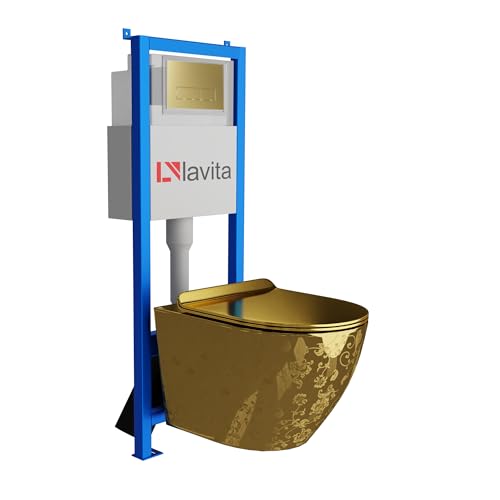 Lavita LAV 101 Vorwandelement für WC 40cm + Wand Hänge Tiefspül WC SOFI SLIM GOLDEN EYE Spülrandlos + Bedienplatte LAV 200.3.5 Gold | Komplettset | Unterputz Spülkasten | Toilette Komplett Sett von lavita