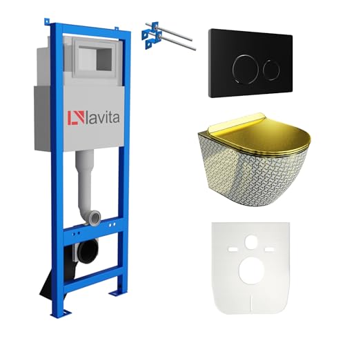 Lavita LAV 101 Vorwandelement für WC 40cm + Wand Hänge Tiefspül WC SOFI SLIM GOLDEN NEVER DIE Spülrandlos + Bedienplatte LAV 200.4.4 Schwarz | Komplettset | Unterputz Spülkasten | Komplett Sett von lavita