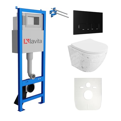 Lavita LAV 101 Vorwandelement für WC 40cm + Wand Hänge Tiefspül WC SOFI SLIM PAPER Weiß Spülrandlos + Bedienplatte LAV 200.3.4 Schwarz | Komplettset | Unterputz Spülkasten | Toilette Komplett Sett von lavita