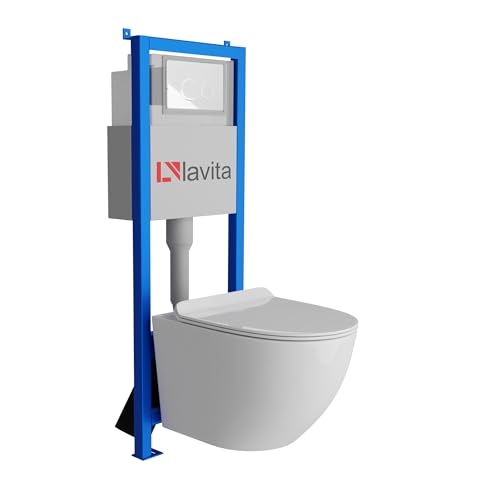 Lavita LAV 101 Vorwandelement für WC 40cm + Wand Hänge Tiefspül WC SOFI SLIM Weiß Matt Spülrandlos + Bedienplatte LAV 200.4.1 Weiß | Komplettset | Unterputz Spülkasten | Toilette Komplett Sett von lavita