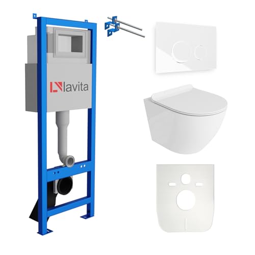 Lavita LAV 101 Vorwandelement für WC 40cm + Wand Hänge Tiefspül WC SOFI SLIM Weiß Spülrandlos + Bedienplatte LAV 200.4.1 Weiß | Komplettset | Unterputz Spülkasten | Toilette Komplett Sett von lavita